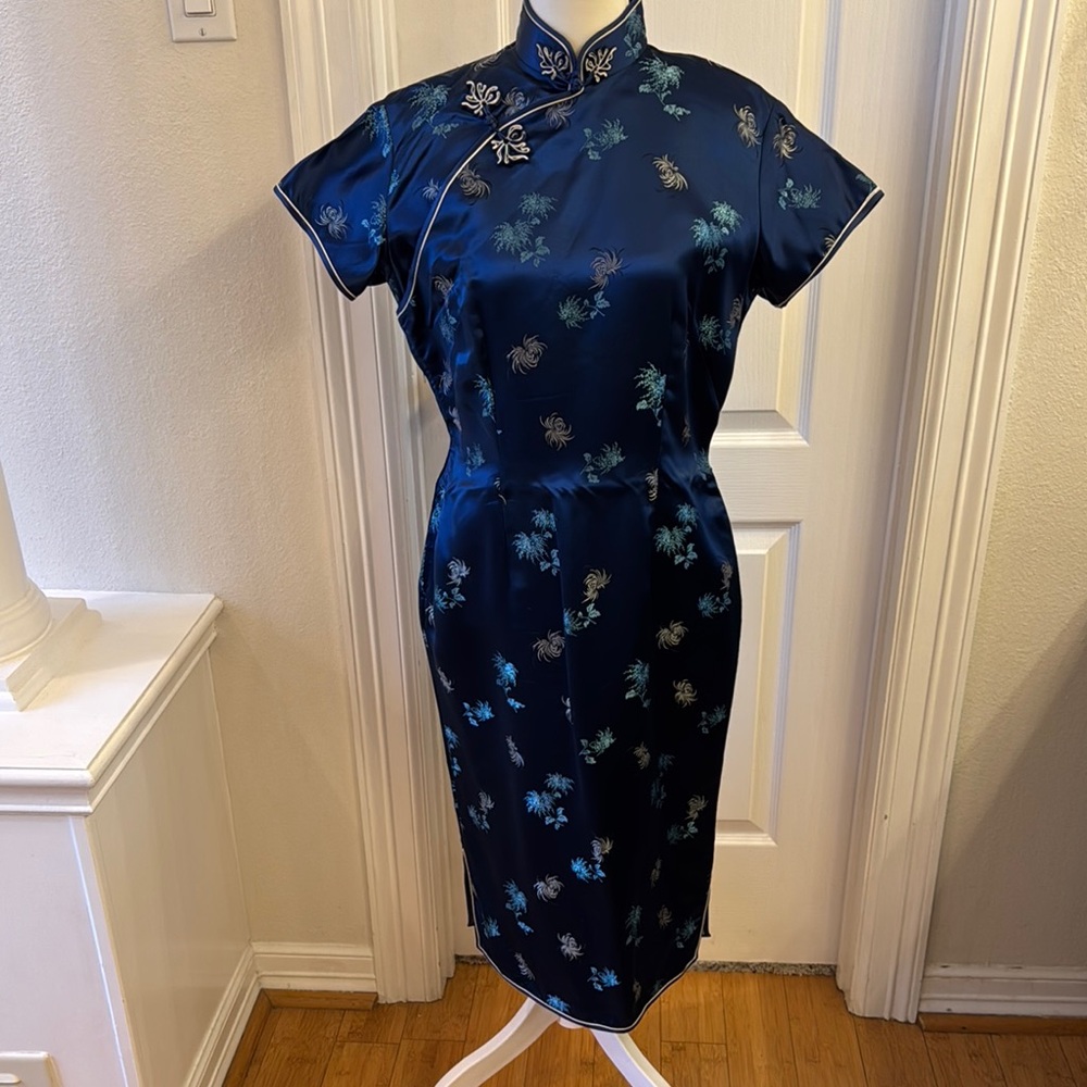Vintage Elegant Blue Cheongsam Dress